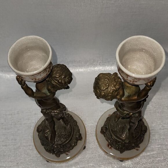 Pair Of Vintage Beautiful Bronze Signed Asian Cherub Sculptures - Picture 6 of 15